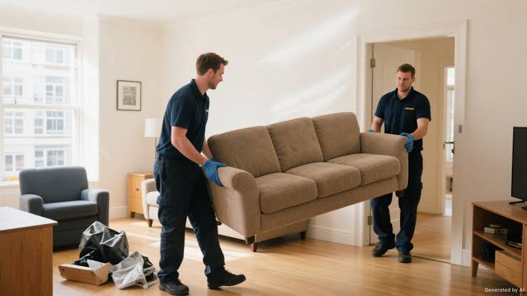 TFP team removing bulky sofa or wardrobe from compact Mauritian home