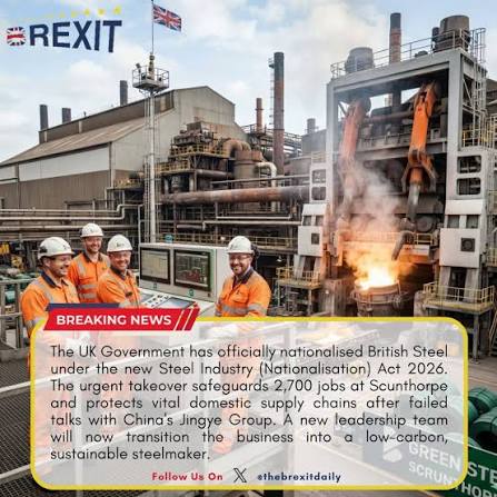 BREAKING: The UK has officially nationalised British Steel! 🇬🇧 The  historic move saves 2,700 jobs at Scunthorpe, secures vital supply chains,  and launches a major transition to low-carbon green steel. #BritishSteel  #UKNews #