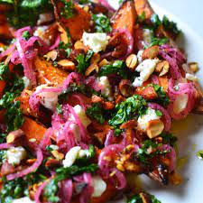 Roast Sweet Potatoes With Pickled Onions Coriander And Goat S Cheese Recipe In 2021 Pickled Onions Ottolenghi Recipes Roasted Sweet Potatoes