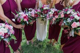 Burgundy Or Masala Bridesmaids Dresses Hand Tied Bouquets Of Pink Cream And Burgundy To Complim Pink And Burgundy Wedding Wedding Flower Bouquet Wedding