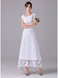 Embellished with beading and lace appliques, the gown\'s soft volume and description: A Line Wedding Dresses Scoop Neck Asymmetrical Lace Cap Sleeve Romantic Plus Size With 2020 8506384 2021 156 79