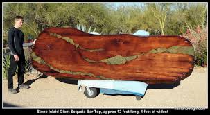 Live Edge Wood Slab Giant Sequoia Redwood Bar With Stone Inlay Wood Slab Stone Inlay Live Edge Wood