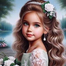 Iris flower with a 7-year-old girl with long brown hair