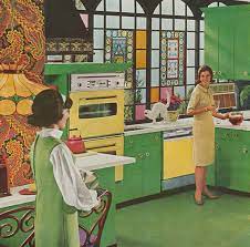 Amazing Late 60 S Kitchen Love The Wallpaper And Apple Green Cabinets Vintage Interior Design Vintage Interiors Vintage House