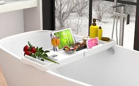 Luxury bamboo bathtub caddy bath tub tray bridge shower shelves organizer tray w/stand foot, extending sides built in book tablet wineglass holder phone tray & accessories 4.6 out of 5 stars 243 £24.90 Amazon Com Bathtub Caddy Tray For Luxury Bath Bamboo Waterproof Expandable Bath Table Over Tub With Wine And Book Holder And Free Soap Dish White Kitchen Dining