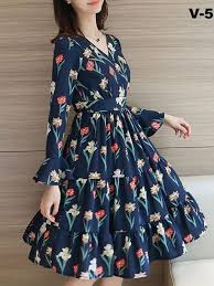 Schone Trendige Designer Marineblau Knielangen Western Mit Baumwolltwill Fur Die Sommersaison Code V2 Beautiful Floral Dresses One Piece Dress Frock For Women