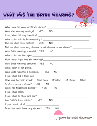 Jun 16, 2020 · if you are planning to have know the bride bridal shower trivia as one of your games, then we have some fun questions for how well you know the bride that you should definitely include. Free Printable What Was The Bride Wearing Game