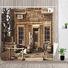Nymb Western Cowboy Farmhouse Bathroom Shower Curtains Rustic Wooden Store In Rural Town Poly Shower Curtain Sets Bathroom Shower Curtains Farmhouse Bathroom