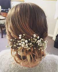 Bridesmaid Messy Bun With Gypsophila Country Wedding Hairstyles Bridesmaid Hair Gypsophila Bridesmaid Hair Messy