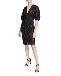 Badgley Mischka Collection V Neck Blouson Sleeve Lace Sheath Dress Mini Dress With Sleeves Cocktail Dress Lace Sheath Dress