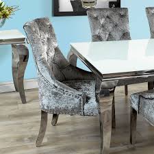 Louis Silver Fabric Dining Chair With Knocker And Chrome Legs Dining Chairs Fabric Dining Chairs Chair