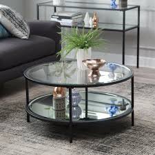 We've got impressive deals on all features: Cool Ice Tint Powder Coated Finish In Black Beveled Tempered Glass Top And Mirrore Round Glass Coffee Table Round Coffee Table Decor Glass Coffee Table Decor