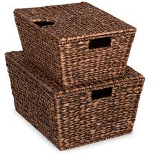 Woven wicker square basket with lid. Best Choice Products Set Of 2 Xl Water Hyacinth Woven Tapered Storage Basket Chests W Attached Lid Handle Hole Walmart Com Walmart Com