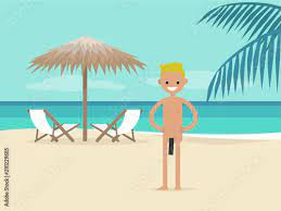 Nudist beach. Young character on vacation. Two chaise lounges under the  palm tree umbrella. Background. Paradise. Flat editable vector  illustration, clip art Stock Vector | Adobe Stock