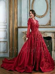 Umwerfende brautkleider zu günstigen preise. Duchesse Brautkleid Abendkleid Langarm Knopfe Rucken Rot Satin Blumen Mit Schleppe