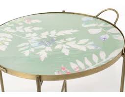 Sa structure en métal doré et brillant forme un cube coiffé par un plateau en verre trempé fumé et abrite une ornementation centrale en. Bout De Canape Dore Rond Avec Un Plateau Fleuri Amadeus