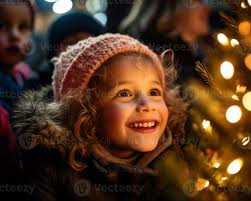 A close up of a childs face lit up with joy, christmas image,  photorealistic illustration 28836117 Stock Photo at Vecteezy