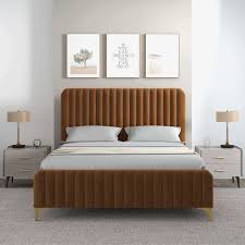 Valery King Cognac Velvet Platform Bed
