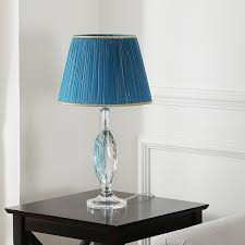 Attractive vintage crow feet lamp in vivid blue color the lamp has black foot, brass neck and adjustable blue lamp shade. Blue 1 Light Table Lamp Traditional Pleated Fabric Barrel Shade Nightstand Light With Clear Crystal Base Takeluckhome Com