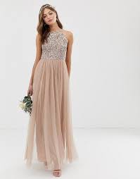 Maya Bridesmaid Halter Neck Maxi Tulle Dress With Tonal Delicate Sequins In Taupe Blush Brown Bridesmaid Sleeveless Lace Bridesmaid Dresses Short Bridesmaid Dresses