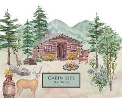 Cabin And Mountains Watercolor Clip Art Cabin Life Etsy Watercolor Clipart Log Cabin Mountains Deer Pine Trees W Watercolor Mountains Etsy Watercolor Art