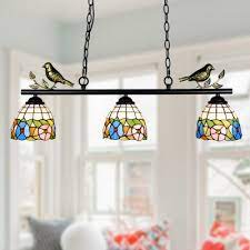 Only 15 left in stock order soon. Flower Linear Chandelier With Bird 3 Lights Tiffany Style Stained Glass Island Light For Kitchen Beautifulhalo Com