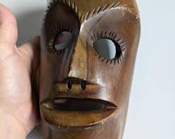 Vintage Wooden Mask, Hand Carved Mask, Wall Mask 70s