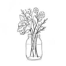 This lush drawing of roses and daisies in a mason jar is sure to be a fun project to create. Mason Jar With Wildflowers Wildflower Drawing Flower Drawing Design Flower Sketches