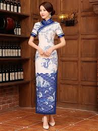 Blue Dragon Ankle Length Qipao Cheongsam Party Dress Chinese Prom Dress Traditional Chinese Dress Qipao Dress