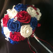Camouflage flowers, camo fabric roses, camo wedding, camo wedding decorations, country barn wedding bouquet. Patriotic Wedding Bouquet Red White And Blue Embellished Bridal Bouquet Patriotic Or Military Weddin Patriotic Wedding Bridal Bouquet Blue Red Rose Bouquet