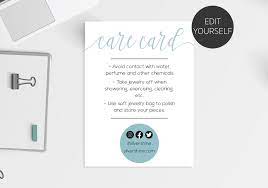 Care Card Care Instructions Card Care Card Template Jewelry Care Card Insert Printable Care Cards Instant Download 100 Editable In 2021 Care Card Care Instructions Card Jewelry Care Card