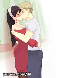 rtil, twilight (spy x family), yor briar, spy x family, 1boy, 1girl, bare  shoulders, black hair, blonde hair, blush, breasts, closed eyes, cowboy  shot, dress, earrings, french kiss, hetero, hug, jewelry, kiss,