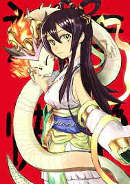 kinggainer, izanami (p&d), kagutsuchi (p&d), puzzle & dragons,  absurdres, highres, 1girl, bare shoulders, brown hair, detached sleeves,  dragon, long hair, looking at viewer, smile, yellow eyes 