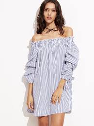Black And White Striped Off The Shoulder Dress Shop Blue Vertical Striped Tie Sleeve Off The Shoulder Dress Online Shein Offers Blue Vertical Striped Tie Sleeve Off Th Mini Dress Striped Mini Dress Fashion