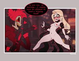 mommag, alastor (hazbin hotel), charlie morningstar, hazbin hotel, bad id,  bad twitter id, highres, tagme, 1boy, 1girl, artist name, ass, black lips,  blonde hair, blurry, blush, blush stickers, border, breasts, breasts apart,