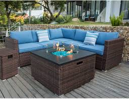 This one has a square design with flaring legs. Buy Cosiest 5 Piece Propane Fire Pit Outdoor Sectional Sofa Brown Patio Furniture Set W 32 Inch Square Wicker Fire Table 40 000 Btu Wind Guard And Tank Table For Garden Pool Backyard Online In