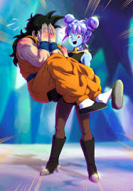 pea-bean, vidro (dragon ball), yamcha, dragon ball, dragon ball super,  dragonball z, absurdres, character request, commentary, english commentary,  highres, 1boy, 1girl, bare shoulders, black hair, blue hair, blue skin,  blush, chinese clothes, colored skin ...