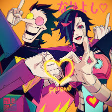 yokaze (xxxdisxxx), mettaton, mettaton ex, spamton g. spamton, spamton neo,  deltarune, undertale, absurdres, highres, 2boys, armor, big nose, black  hair, glasses, gloves, heart, heart hands failure, heterochromatic eyewear,  humanoid robot, mechanical arms,
