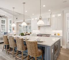 White Kitchen White Grey Island And Rattan Island Chairs Stools Hamptons Kitchen Kitchen Design Kitchen Inspirations