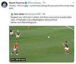Rassie erasmus has resumed taking pot shots at the british and irish lions on twitter after posting footage to highlight what he describes as reckless and dangerous play. Y7gwwx28dhrrim
