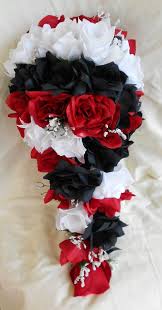 Bride Silk Bouquet Red Black And White Etsy Red Wedding Theme Red Bouquet Wedding Red And White Weddings
