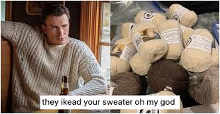 The twittersphere is going wild for captain america, aka chris evans, wearing a cream aran sweater in the new detective caper knives out. Guy Wanted Chris Evans Knives Out Sweater Accidentally Ordered A Bunch Of Yarn