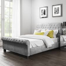 Safina Roll Top Kingsize Sleigh Bed In Grey Velvet Velvet Bed Frame Grey Bed Frame Upholstered Sleigh Bed