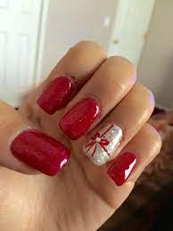 Cute Nails Christmas Nails Acrylic Gel Shilac Red Silver Sparkly Glitter Ringer Finger Design Bow Christmas Nails Acrylic Christmas Nails Xmas Nails