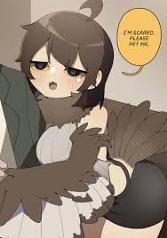 gomulgong, original, commentary, english commentary, highres, 1boy, 1girl,  ahoge, bare shoulders, bird tail, black eyes, blush, brown hair, brown  wings, colored sclera, english text, harpy, hug, long hair, monster girl,  neck fur,