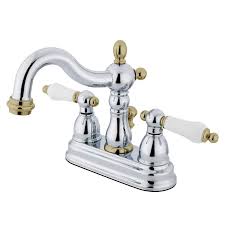 Kingston Brass Heritage 4 In Centerset 2 Handle Bathroom Faucet In Chrome And Polished Brass Hkb1604pl The Home Depot With Images Kingston Brass Faucet Bathroom Faucets