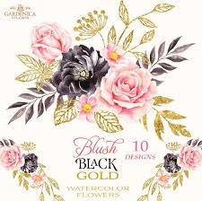 Blush pink watercolor flowers png. Black And Gold Watercolor Flowers Clipart Blush Pink Black Etsy Gold Watercolor Digital Flowers Flower Clipart