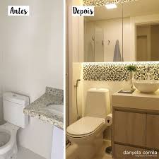 Antes E Depois Banheiro Com Pastilhas Gabinete Madeira Bancada Em Pedra Cuba Redonda De Apoio Reforma Banheiro Pequeno Banheiros Modernos Banheiro Pequeno