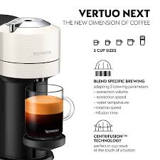Vertuo uses an intelligent extraction system that recognizes each coffee blend; Nespresso Vertuo Next Coffee Machine By Magimix Contrast White Milk