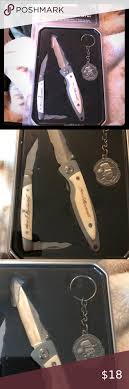 One has a 3 1/8 blade with a w laser cutout on . Winchester 3 Piece Knife Set New With Tin Box Knife Sets Tin Boxes Tin